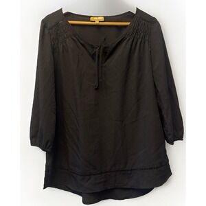 Princess Vera Wang Black Smocked Tie Neck Blouse 3/4 Sleeve Boho Top Small